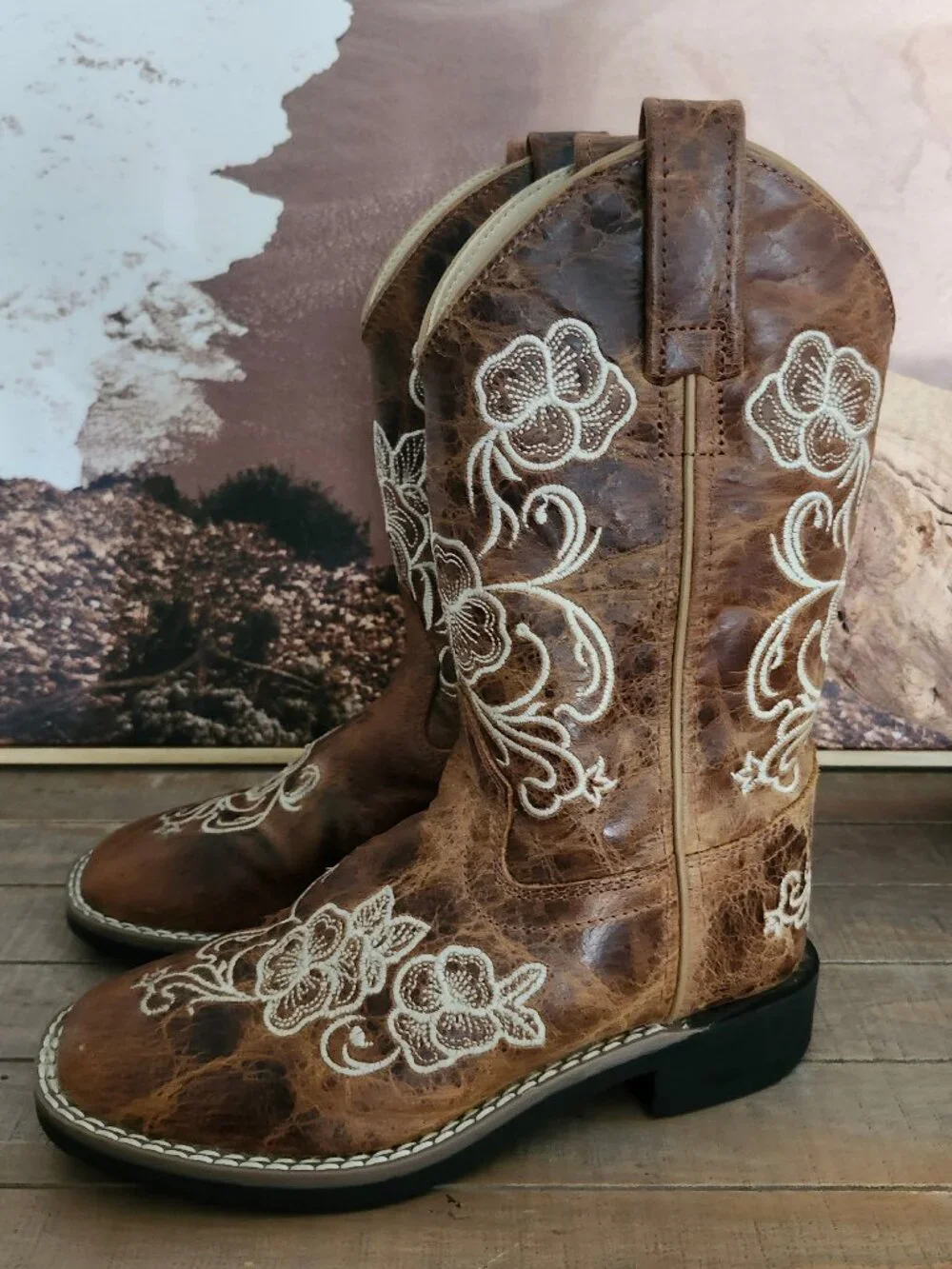 Shyanne Little Lasy Floral Embroidered Western Leather Brown Boots Girl's 13